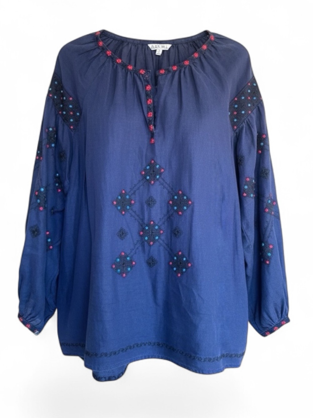 Alex Mill Navy Embroidered Linen Peasant Top L Boho